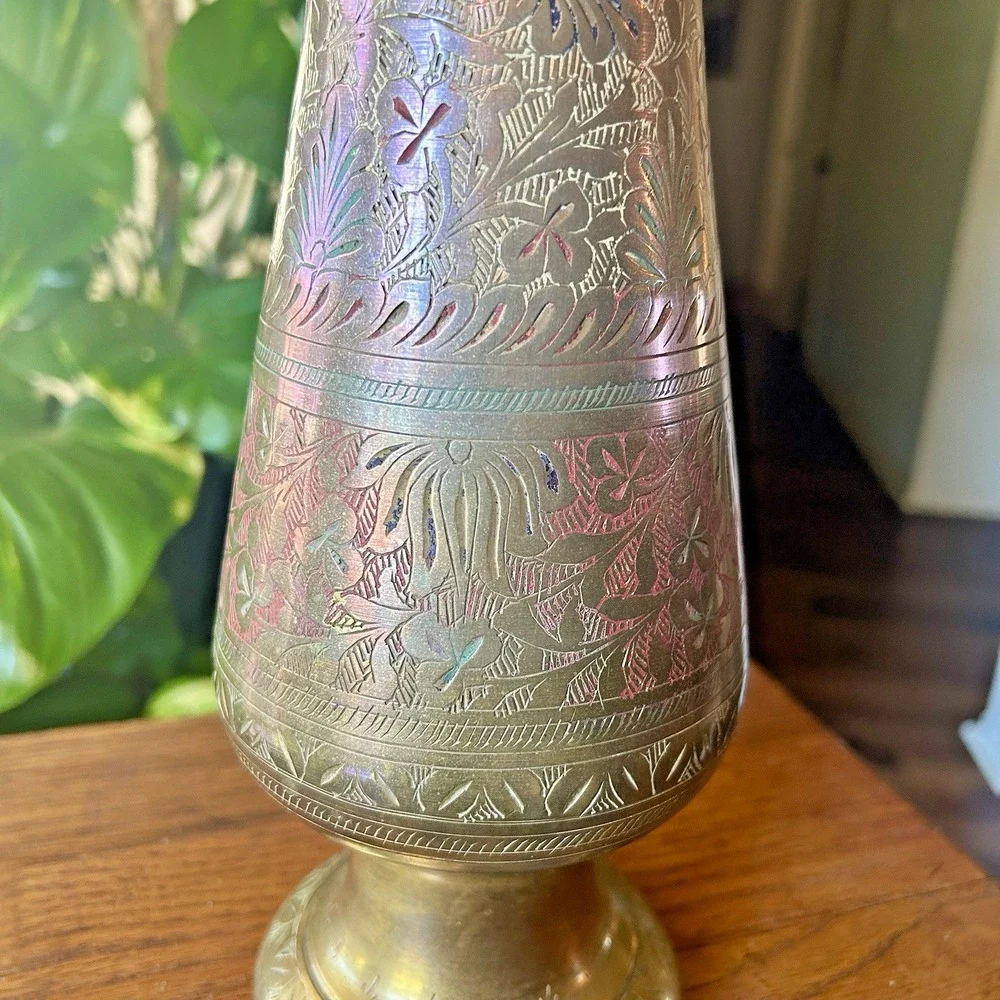 VTG Etched 14 inch Indian Brass Vase Colored Inlay Botanical Pattern Boho MCM